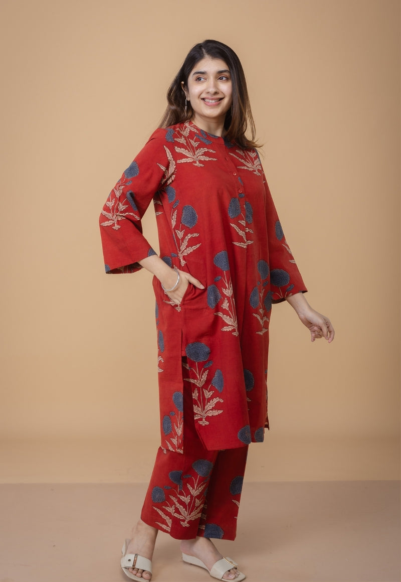 Sofia Red Ajrakh Cotton Straight Co-Ord Set