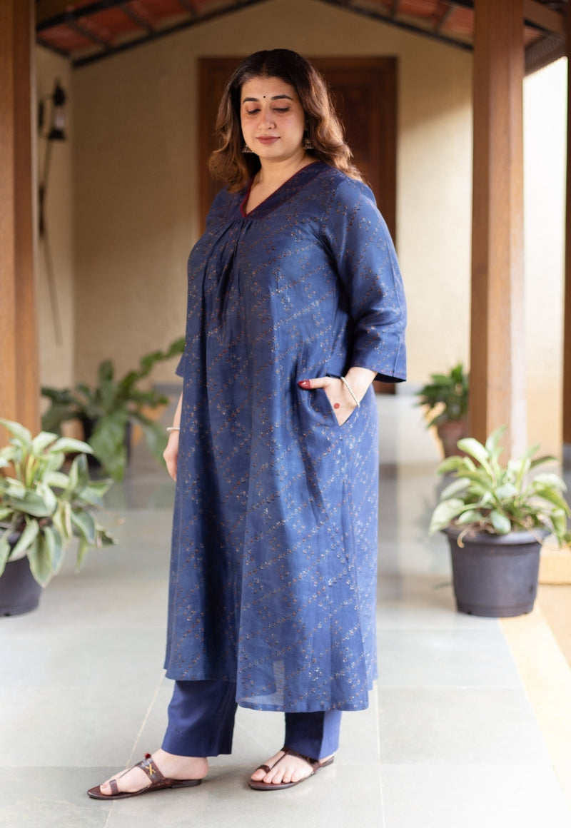 Liyana Dark Indigo Ajrakh Chanderi Silk A Line Kurta with Hand Embroidery