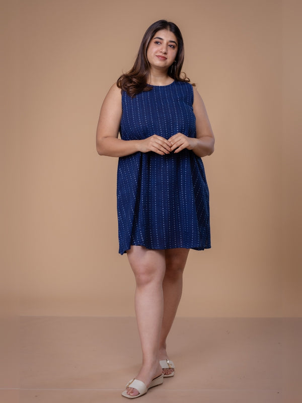 Inam Blue Dabu Slub Cotton A Line Dress
