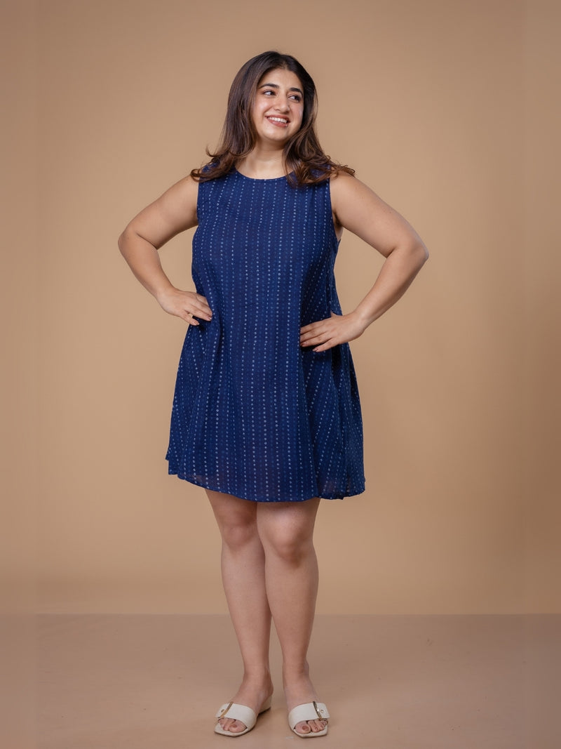 Inam Blue Dabu Slub Cotton A Line Dress