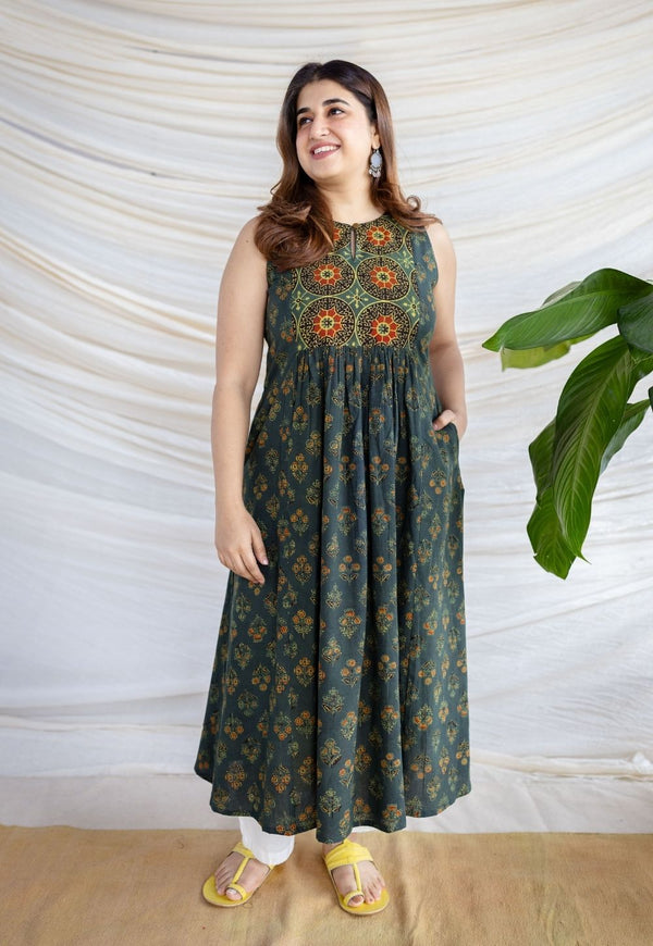 Devaki Dark Green Ajrakh Cotton A Line Kurta