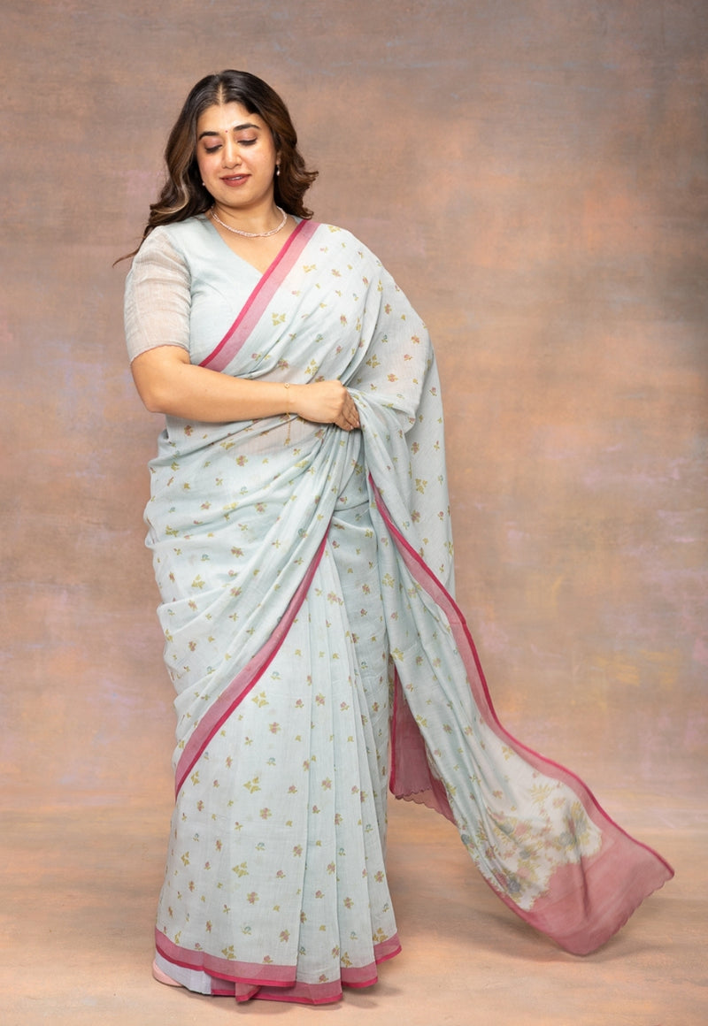 Blue Sanganeri Hand Block Print Chanderi Silk Saree