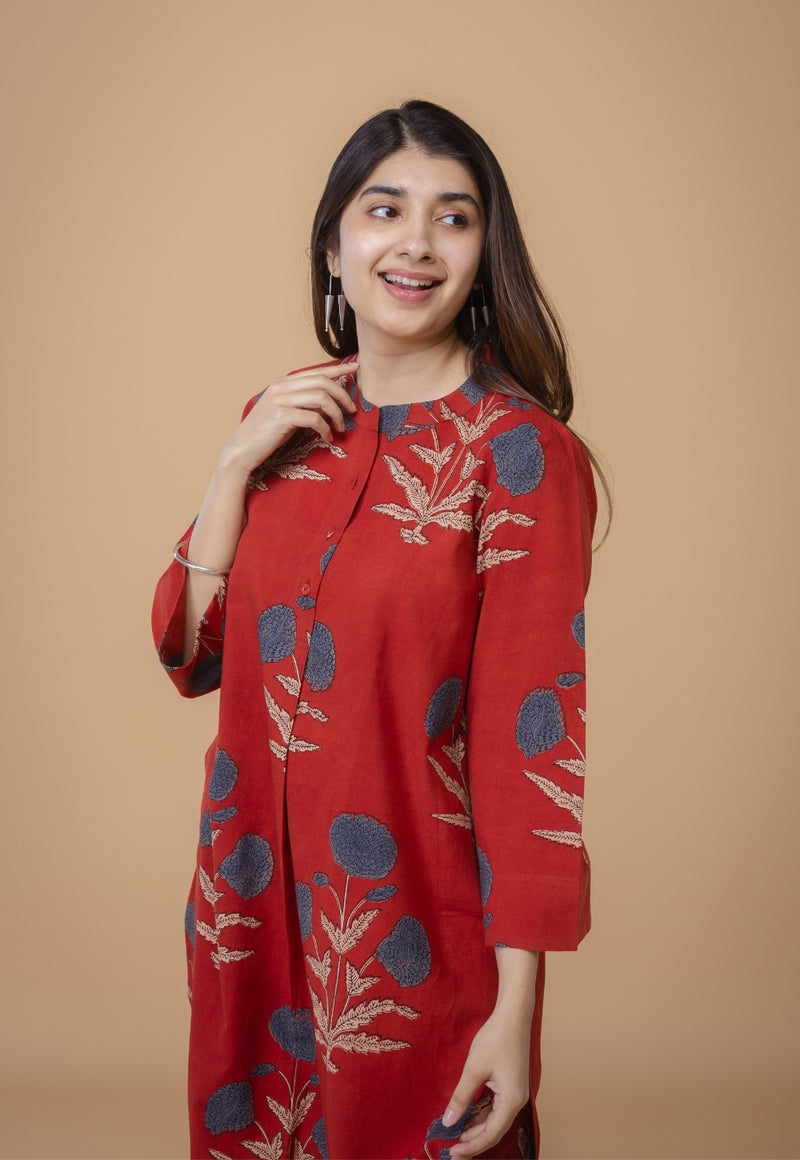 Sofia Red Ajrakh Cotton Straight Co-Ord Set
