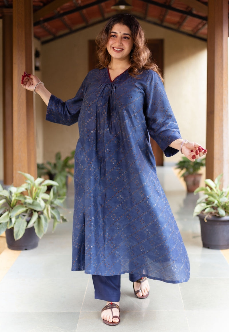 Liyana Dark Indigo Ajrakh Chanderi Silk A Line Kurta with Hand Embroidery