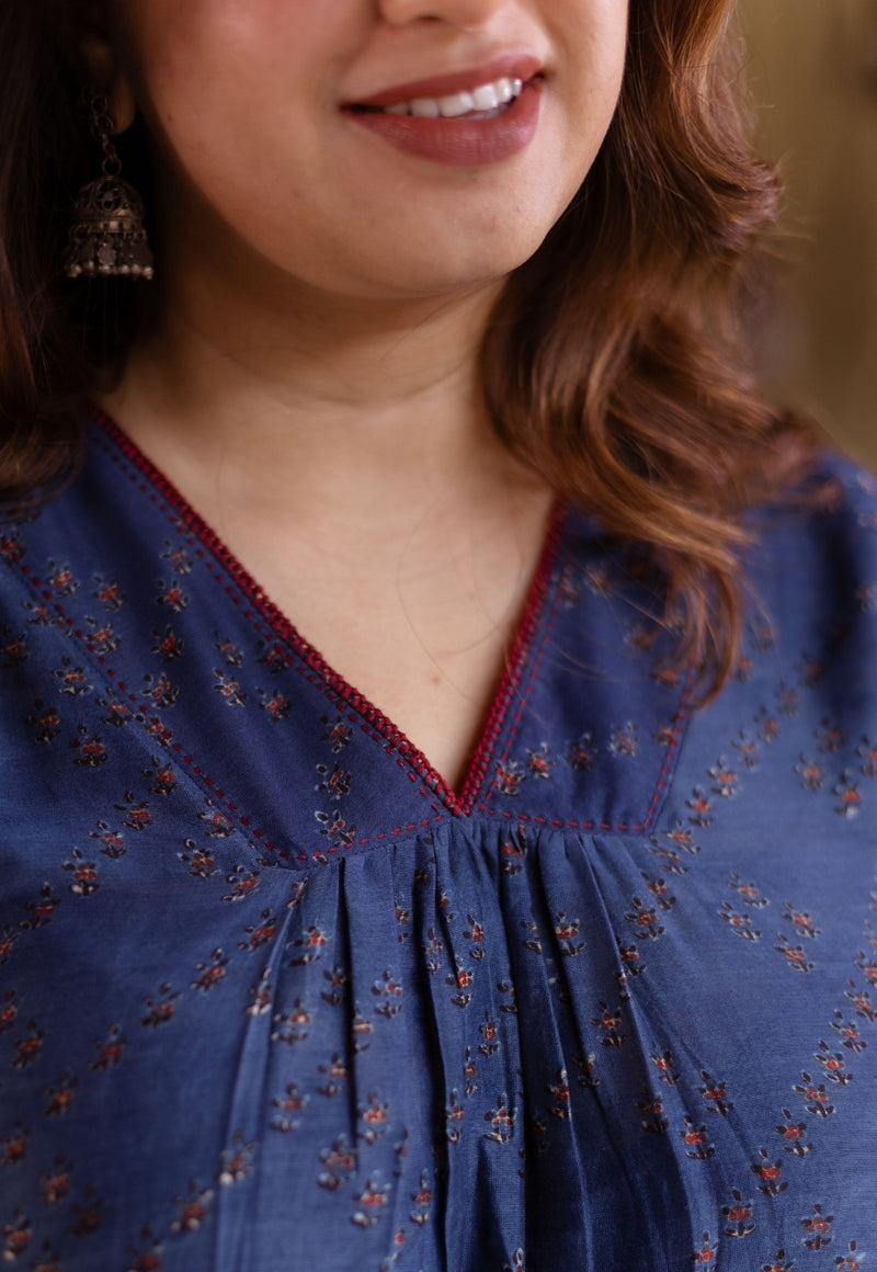 Liyana Dark Indigo Ajrakh Chanderi Silk A Line Kurta with Hand Embroidery