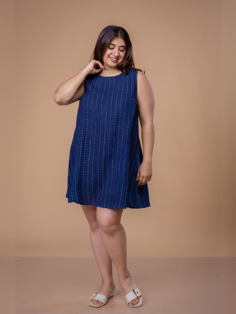 Inam Blue Dabu Slub Cotton A Line Dress