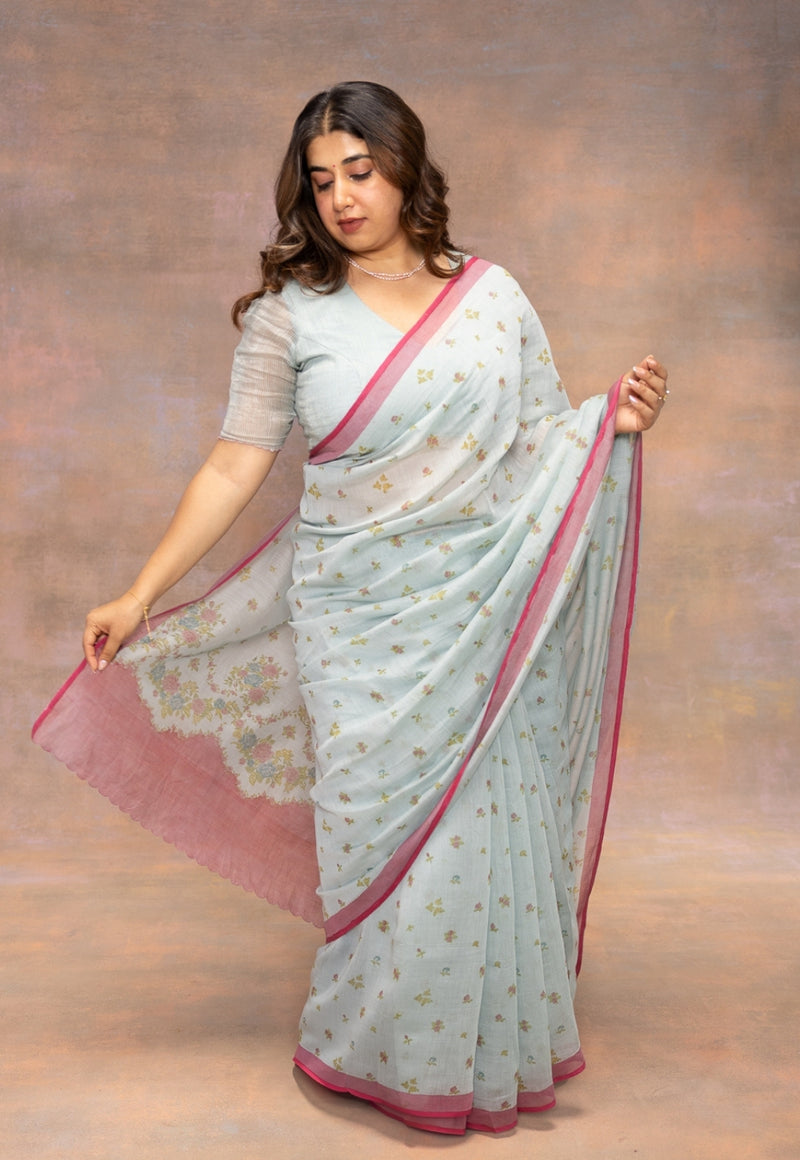 Blue Sanganeri Hand Block Print Chanderi Silk Saree