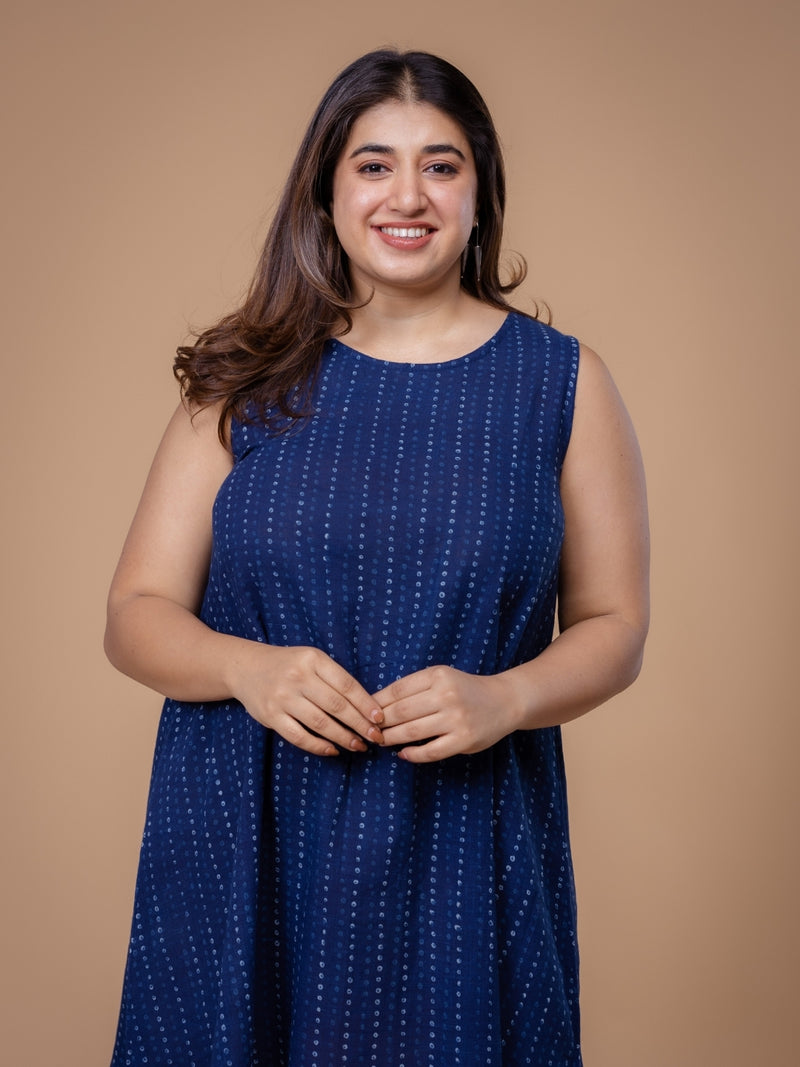 Inam Blue Dabu Slub Cotton A Line Dress