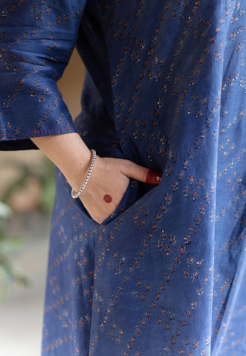 Liyana Dark Indigo Ajrakh Chanderi Silk A Line Kurta with Hand Embroidery