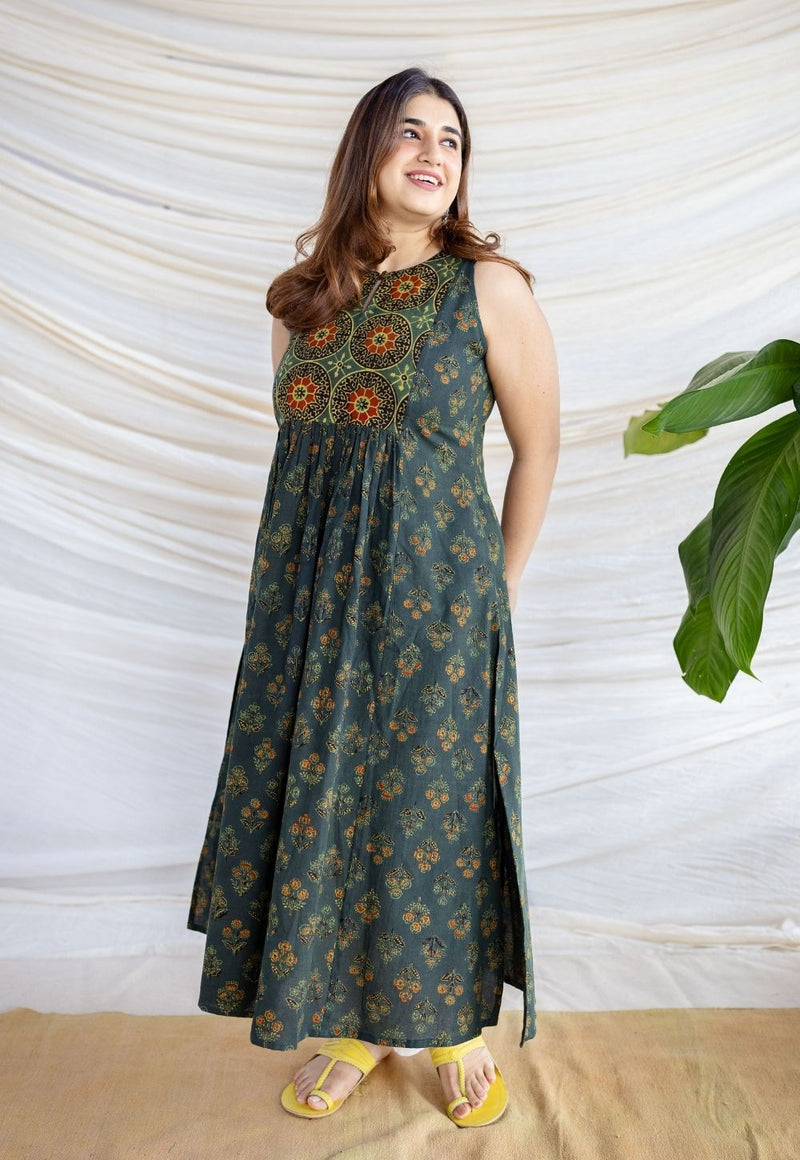 Devaki Dark Green Ajrakh Cotton A Line Kurta