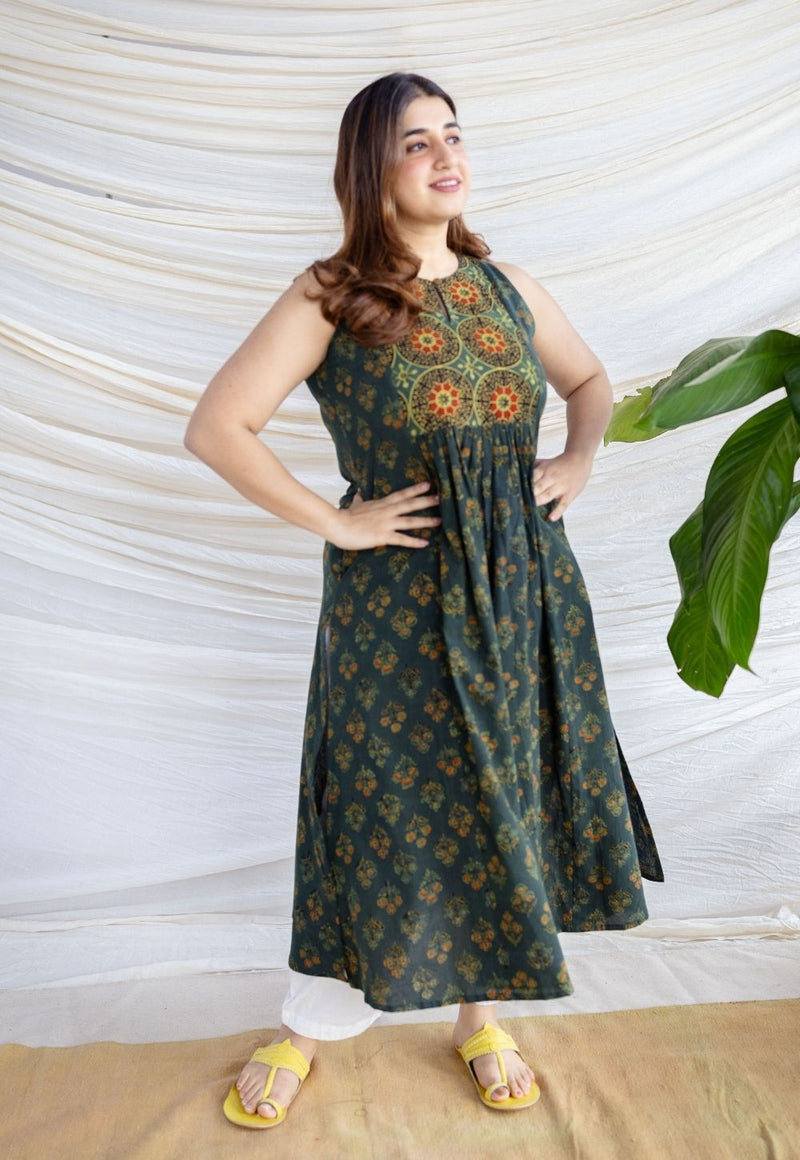 Devaki Dark Green Ajrakh Cotton A Line Kurta