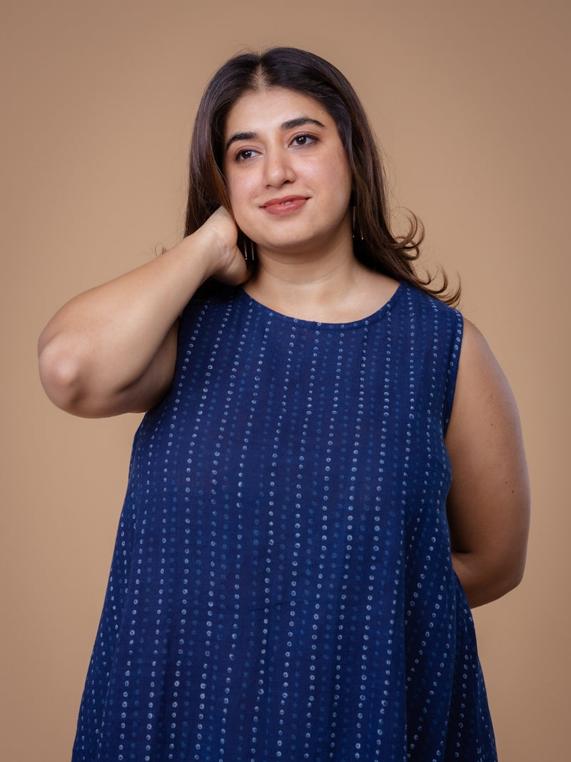 Inam Blue Dabu Slub Cotton A Line Dress