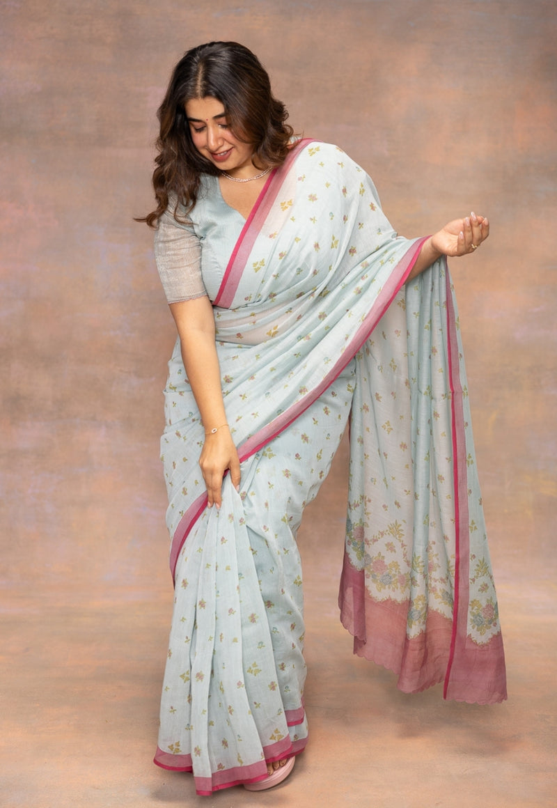 Blue Sanganeri Hand Block Print Chanderi Silk Saree