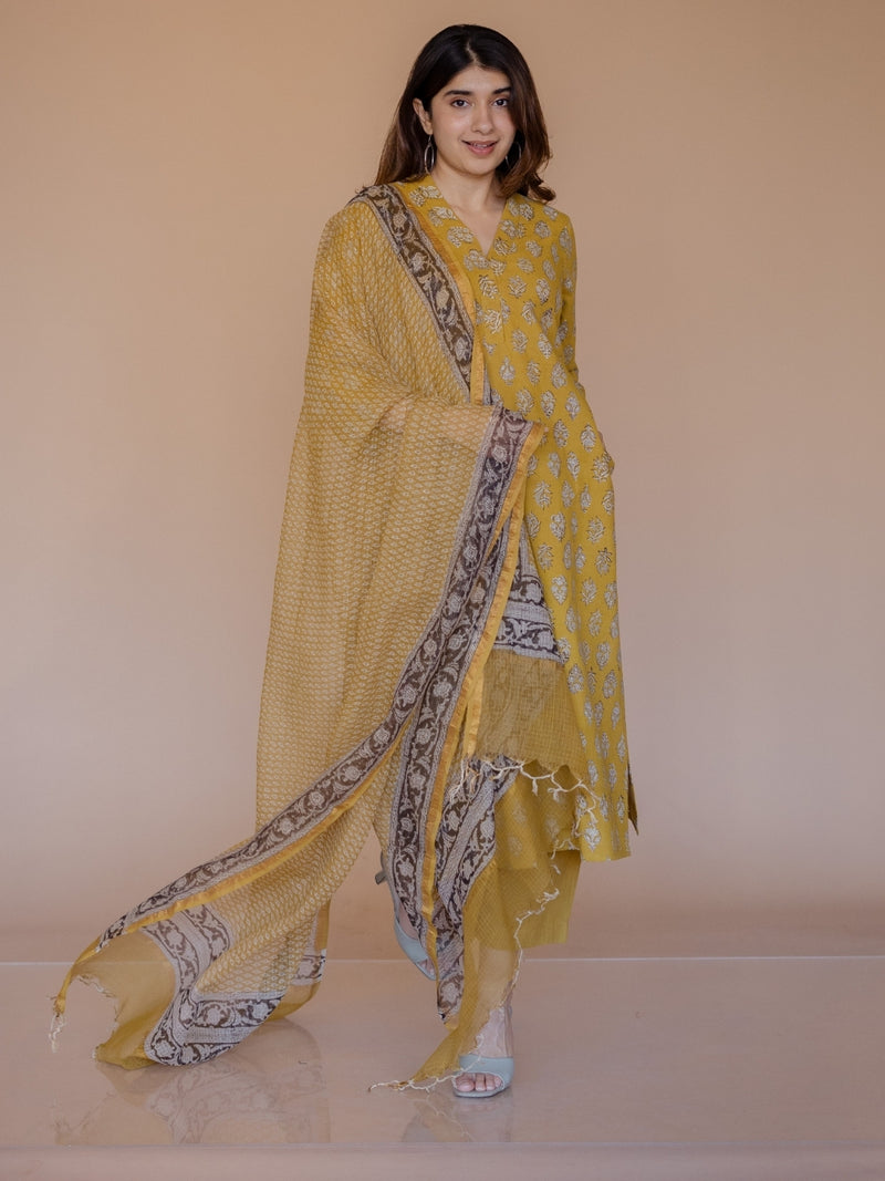 Yellow Butti Bagru Kota Doria Cotton Dupatta