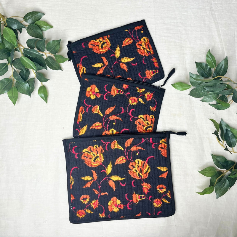 Black Quilted Cotton Hand Pouches (Set of 3)