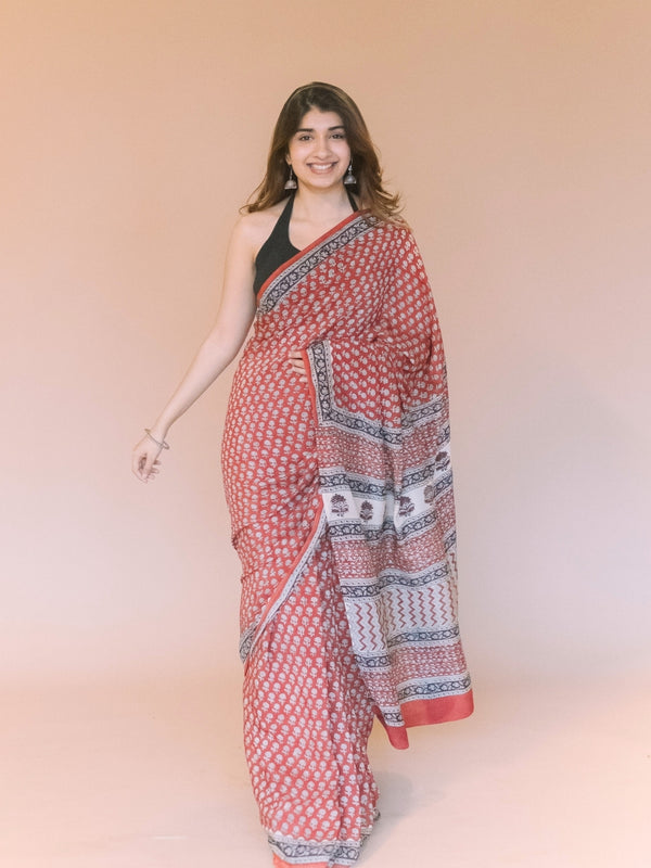 Red Butti Bagru Hand Block Print Modal Saree