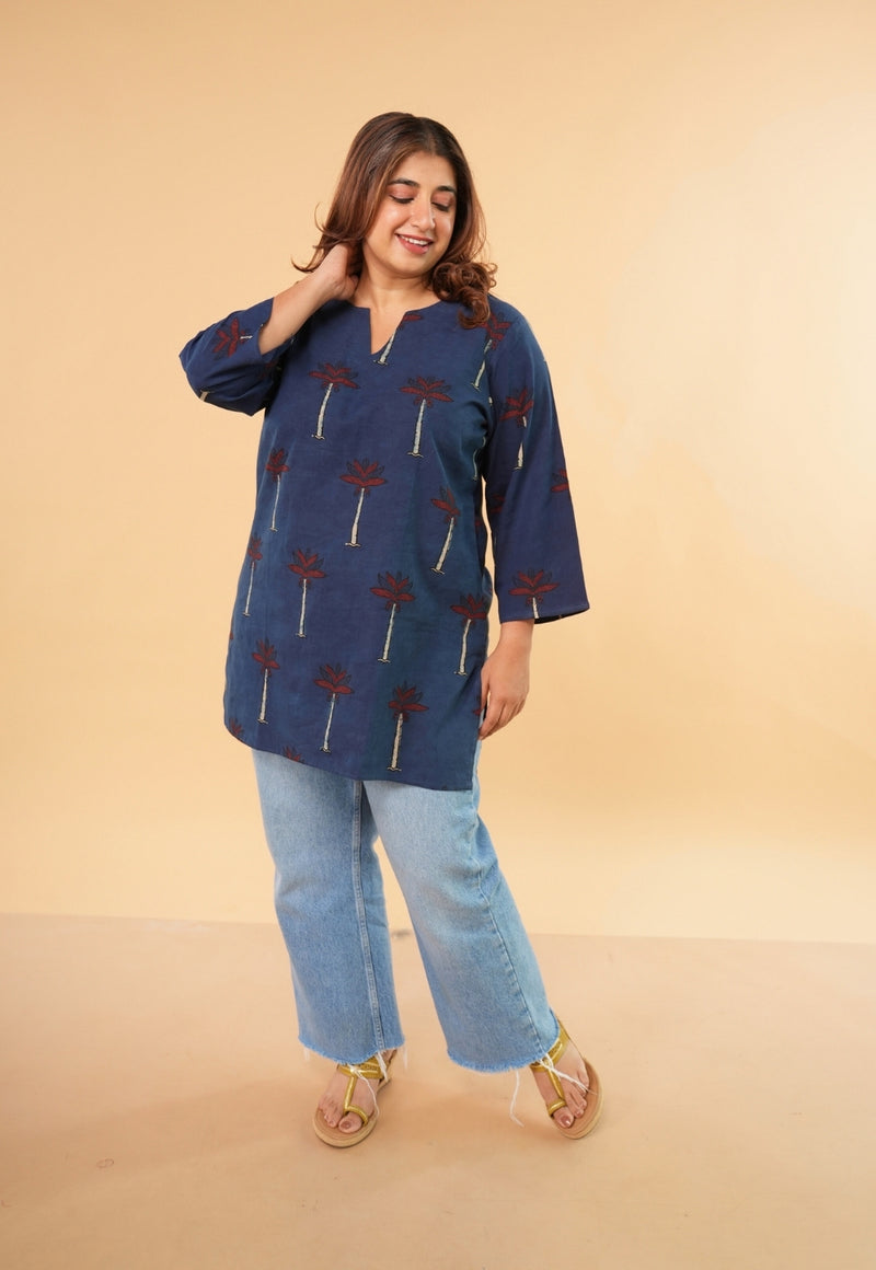 Mishel Blue Ajrakh Cotton Straight Short Top