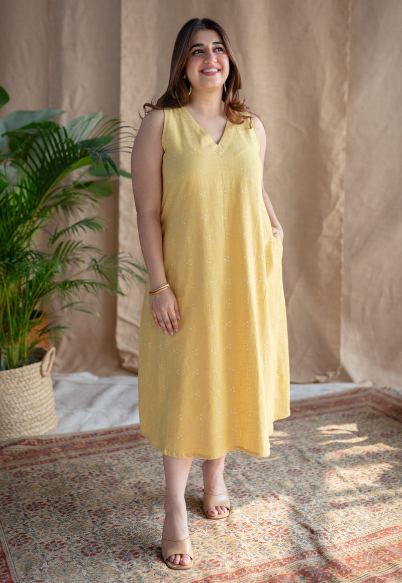 Mariam Yellow A Line Dabu Slub Cotton Dress