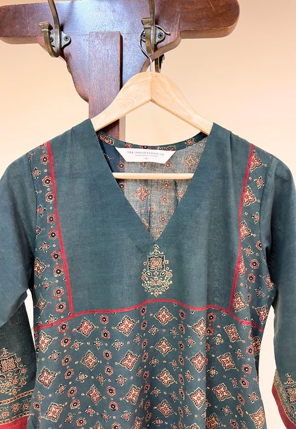 Elisha Green Ajrakh Cotton Straight Kurta