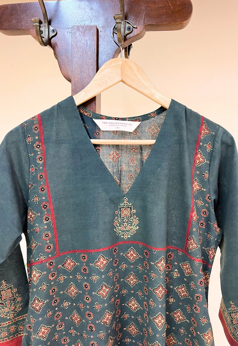 Elisha Green Ajrakh Cotton Straight Kurta