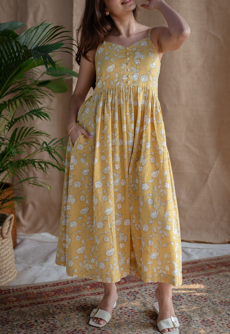 Eliya Yellow A Line Dabu Slub Cotton Dress