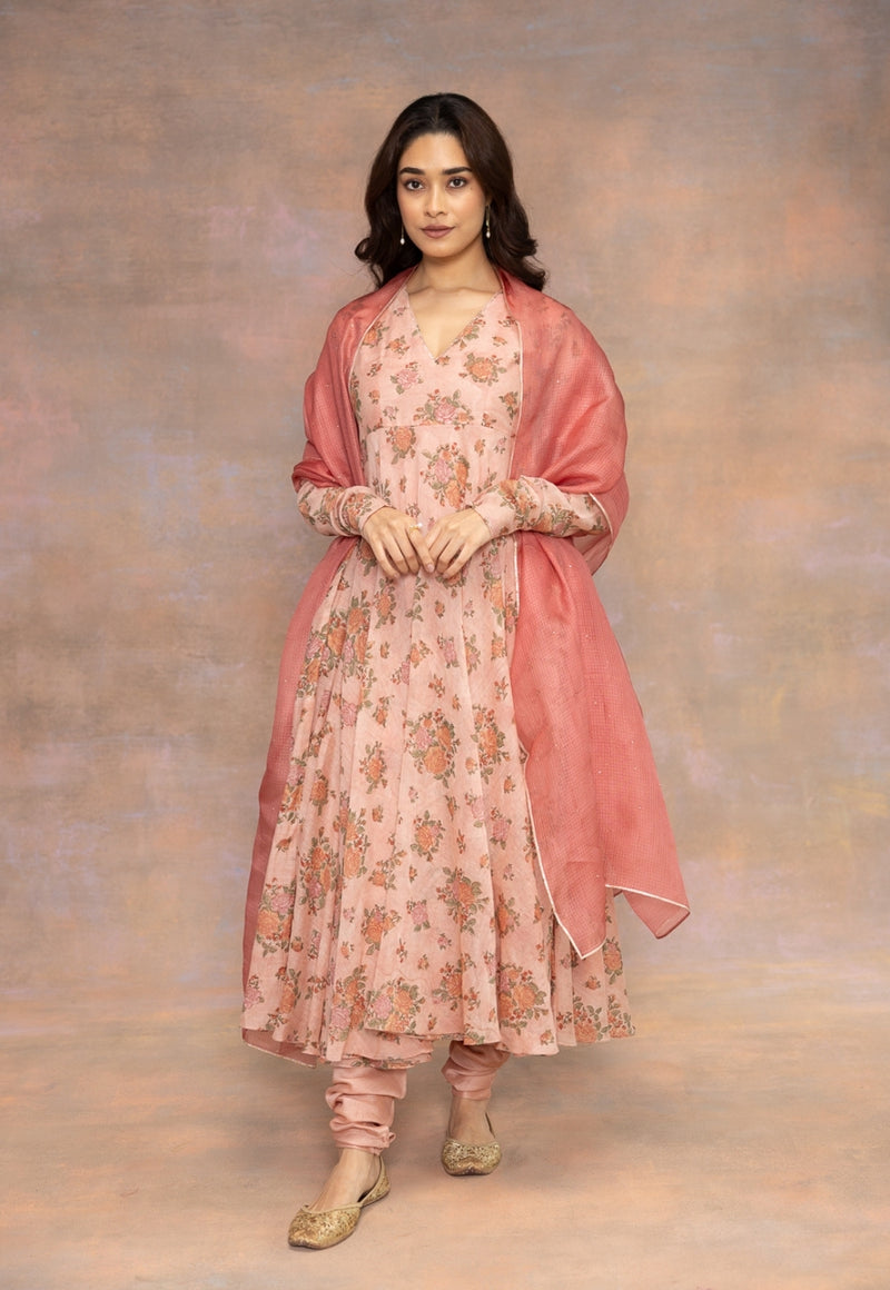 Rozhira Pink Sanganeri Chanderi Silk A Line Kurta with Hand Embroidery