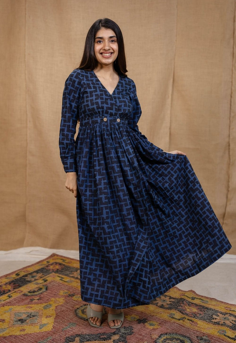 Kimaya Indigo Ajrakh Cotton A Line Dress