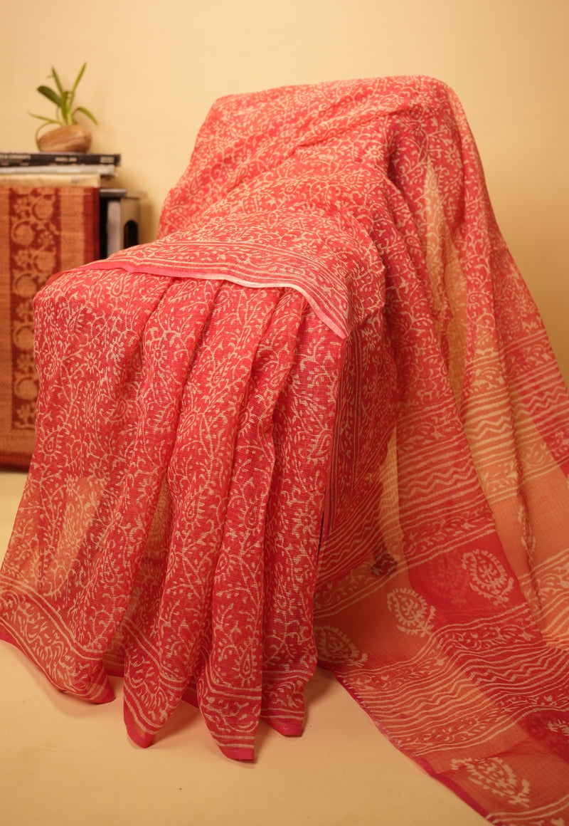 Pink Floral Jaal Dabu Hand Block Print Kota Doria Saree