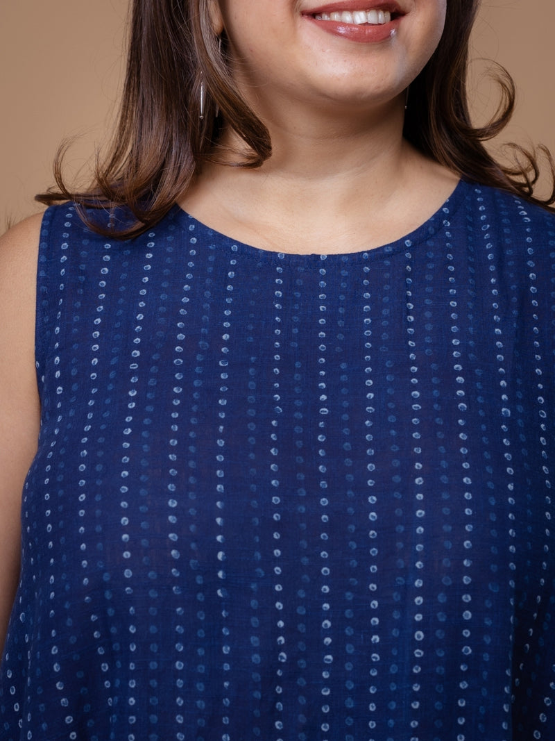 Inam Blue Dabu Slub Cotton A Line Dress