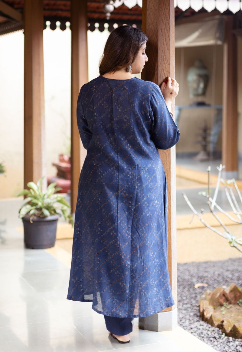 Liyana Dark Indigo Ajrakh Chanderi Silk A Line Kurta with Hand Embroidery