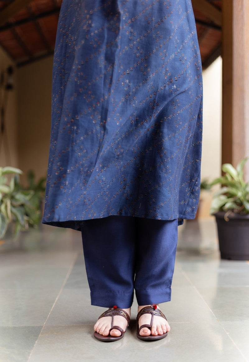 Liyana Dark Indigo Ajrakh Chanderi Silk A Line Kurta with Hand Embroidery