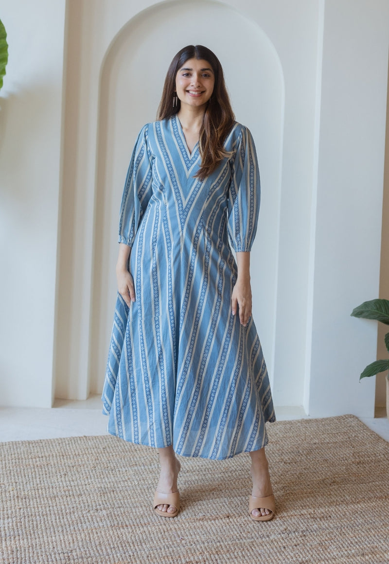 Iyana Blue Ajrakh Cotton A Line Dress