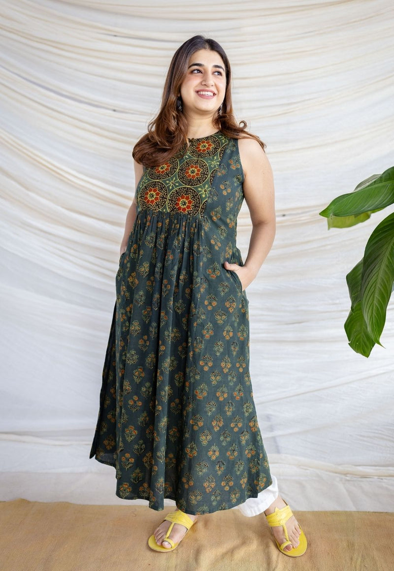 Devaki Dark Green Ajrakh Cotton A Line Kurta