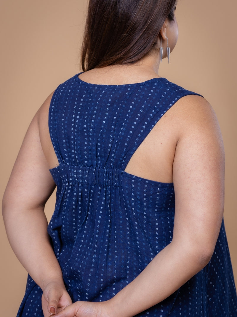 Inam Blue Dabu Slub Cotton A Line Dress