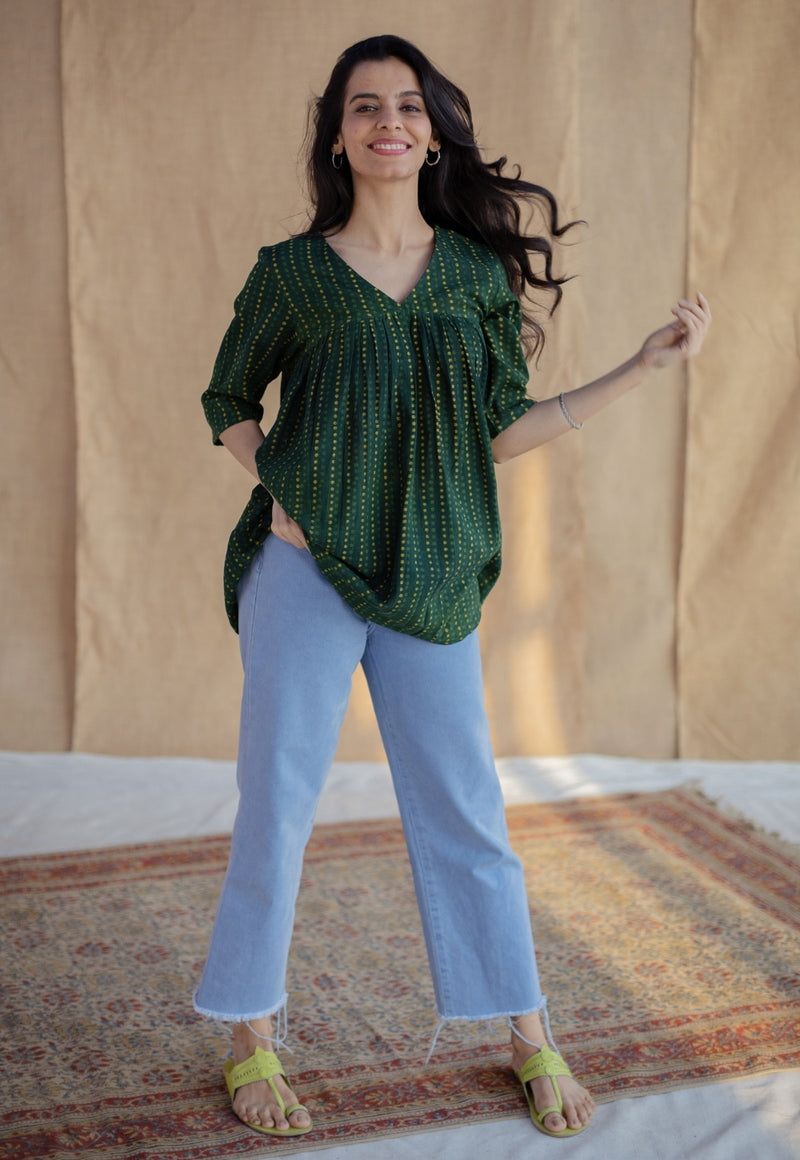 Purvi Green Dabu Slub Cotton A Line Short Top