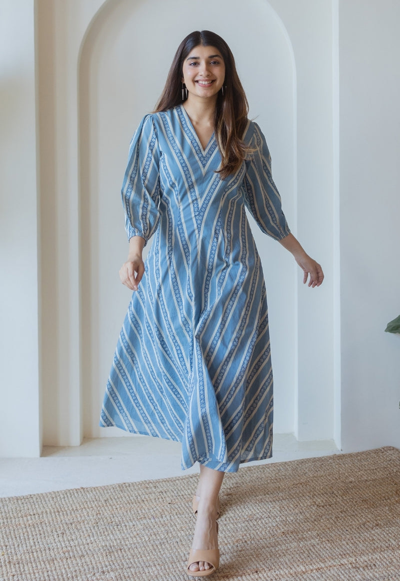 Iyana Blue Ajrakh Cotton A Line Dress