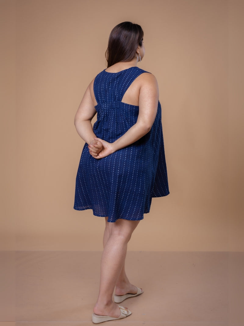 Inam Blue Dabu Slub Cotton A Line Dress