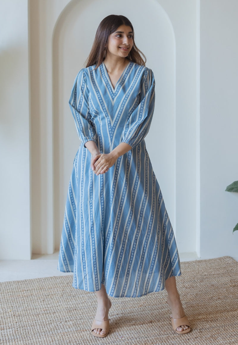 Iyana Blue Ajrakh Cotton A Line Dress