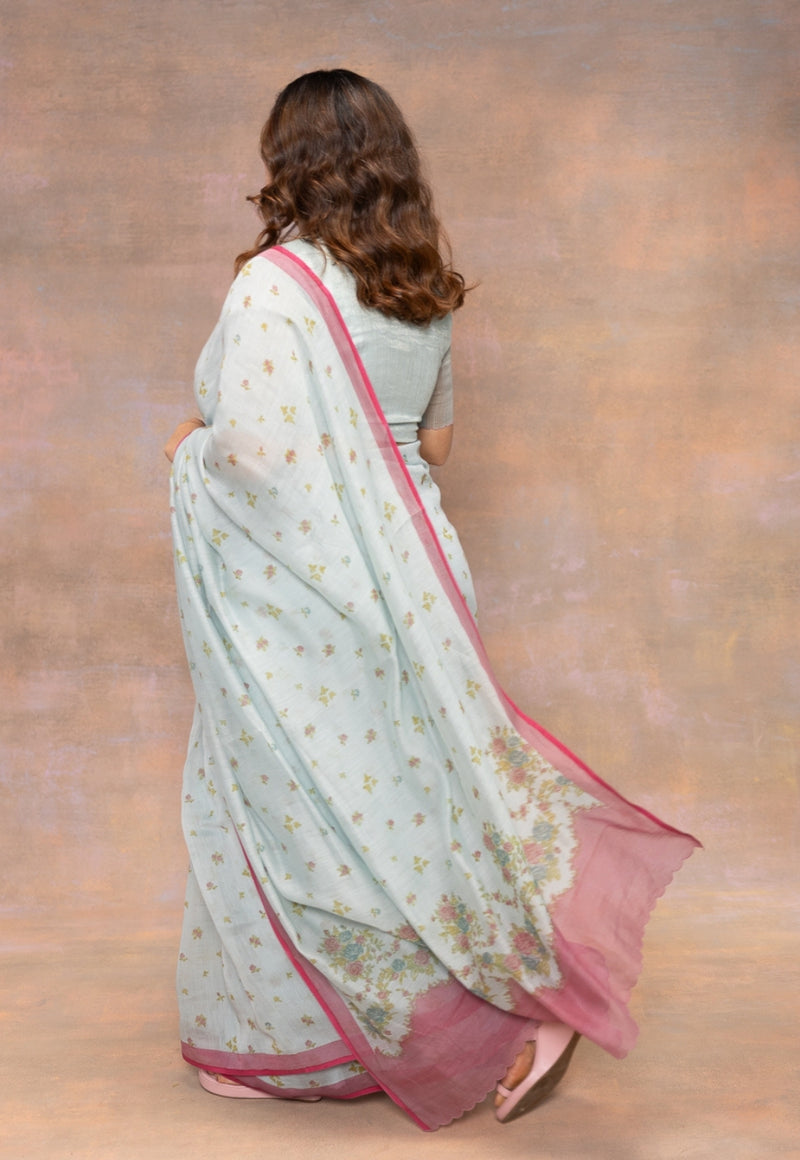 Blue Sanganeri Hand Block Print Chanderi Silk Saree