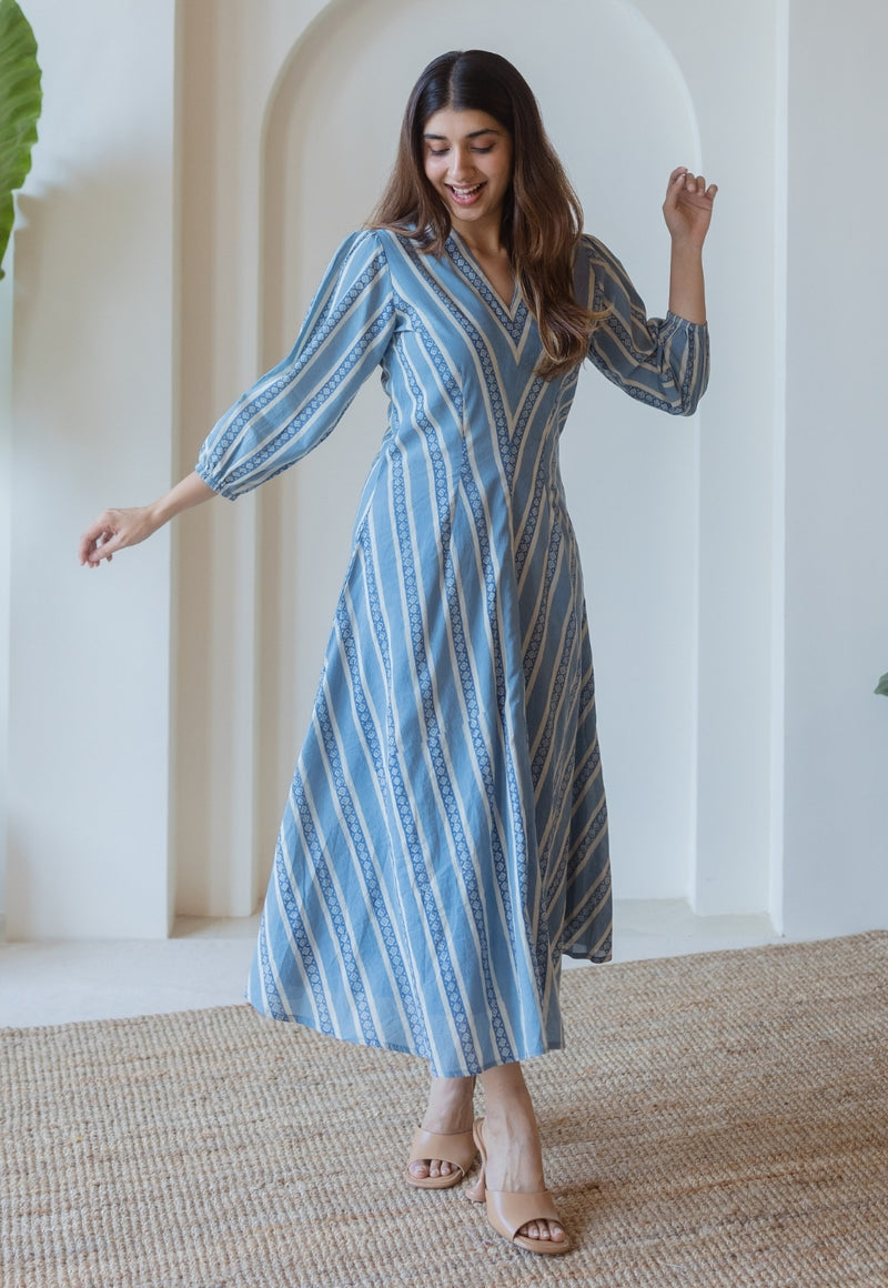 Iyana Blue Ajrakh Cotton A Line Dress