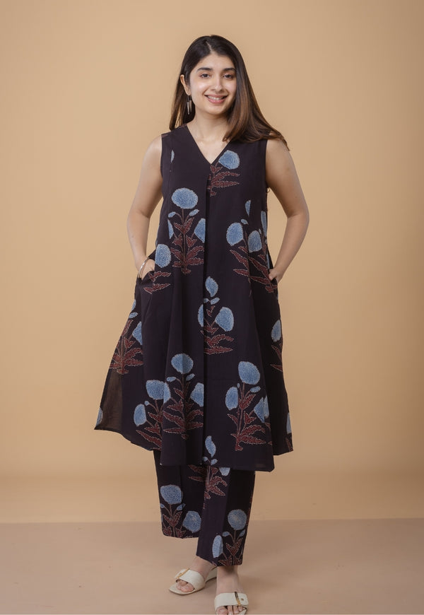 Raahi Black Ajrakh Cotton Kali Co-Ord Set