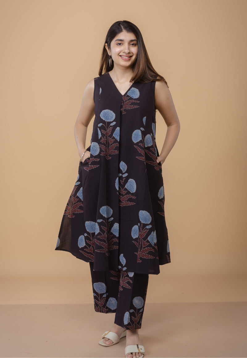 Raahi Black Ajrakh Cotton Kali Co-Ord Set