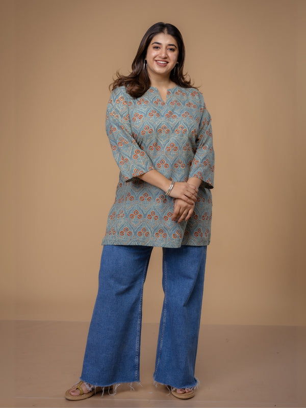 Mishel Blue Ajrakh Cotton Straight Short Top