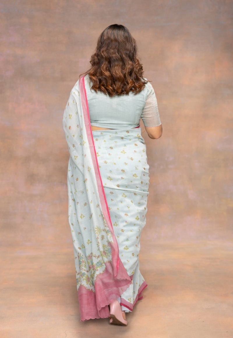 Blue Sanganeri Hand Block Print Chanderi Silk Saree