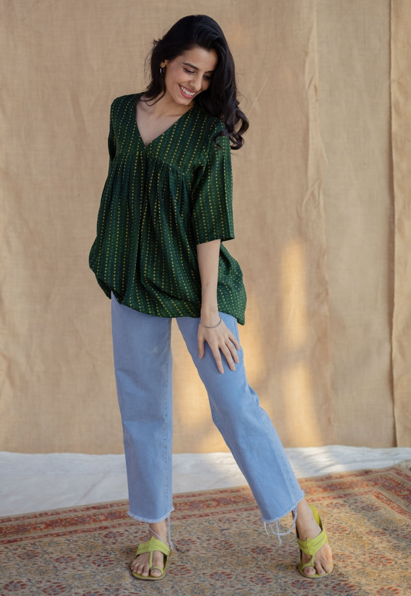 Purvi Green Dabu Slub Cotton A Line Short Top