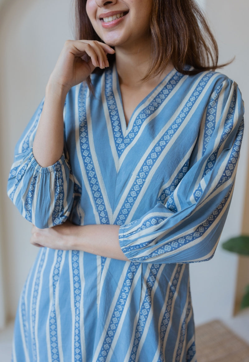 Iyana Blue Ajrakh Cotton A Line Dress