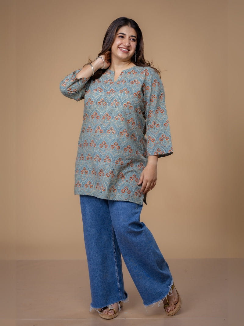 Mishel Blue Ajrakh Cotton Straight Short Top