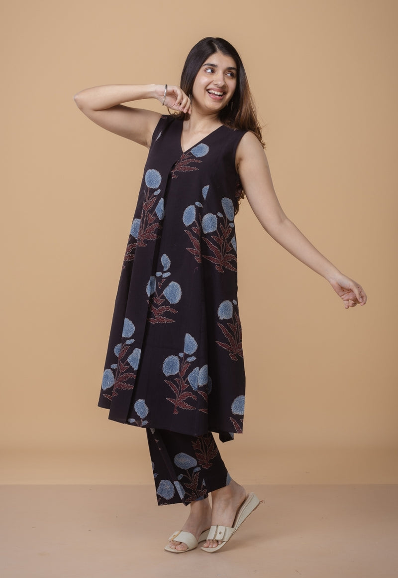 Raahi Black Ajrakh Cotton Kali Co-Ord Set