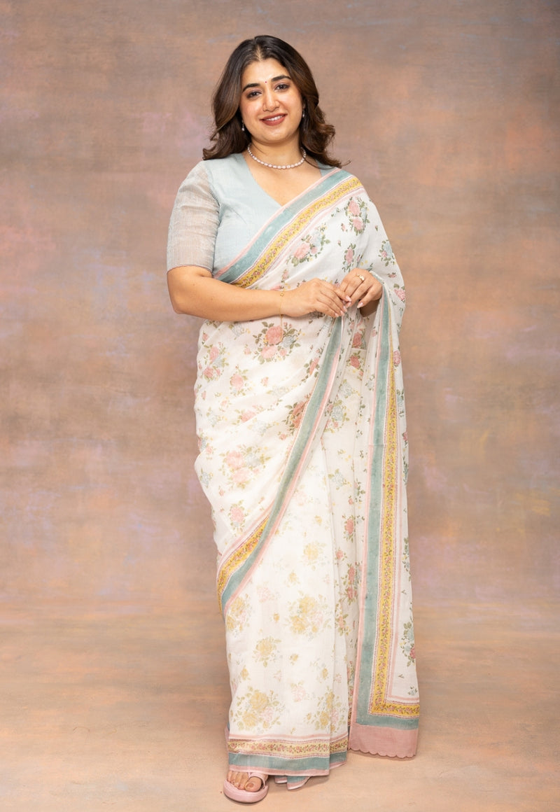 White Sanganeri Hand Block Print Chanderi Silk Saree