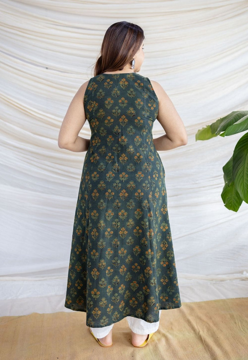 Devaki Dark Green Ajrakh Cotton A Line Kurta